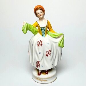 Vintage Porcelain Lady Figurine Woman Dancing Yellow Dress Floral Skirt